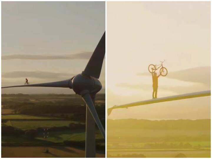 man rides a bicycle on the wing of a wind turbine surprising video is going viral विंड टर्बाइन के पंख पर शख्स ने चलाई साइकिल, हैरतअंगेज वीडियो हो रहा वायरल