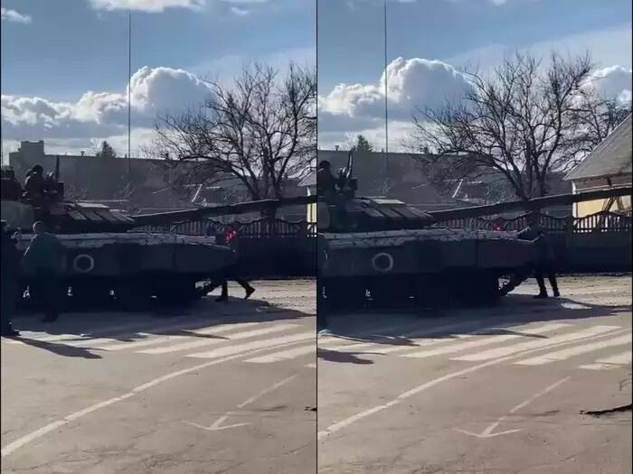 Watch Video Ukraine Man Stops Russian Tanks Convoy With The Bare Hands Tweet Claims Viral Video: પોતાના દેશને બચાવવા રશિયન ટેન્ક સામે હથિયાર વિના ઉભો રહી ગયો યુક્રેનિયન