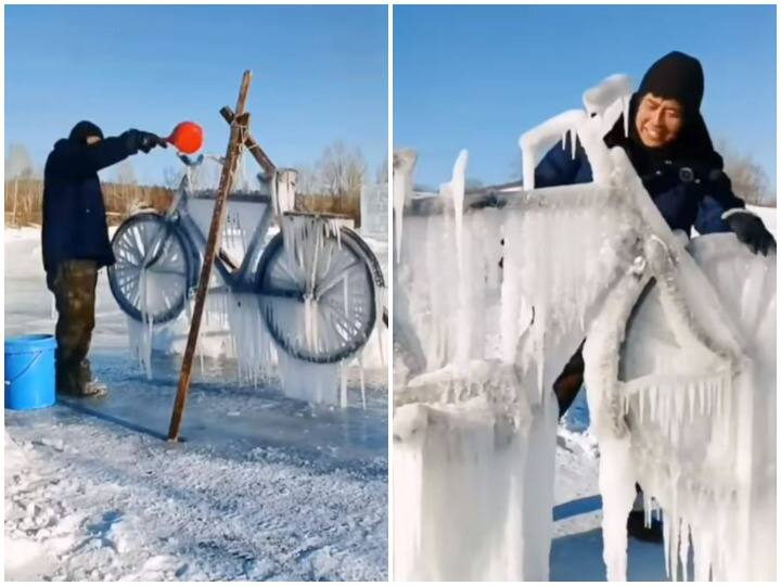 बर्फीली वादियों के बीच शख्स ने दिखाई क्रिएटिविटी, साइकिल पर जमाई बर्फ Showing creativity among the snowy plains person collected snow on the bicycle बर्फीली वादियों के बीच शख्स ने दिखाई क्रिएटिविटी, साइकिल पर जमाई बर्फ