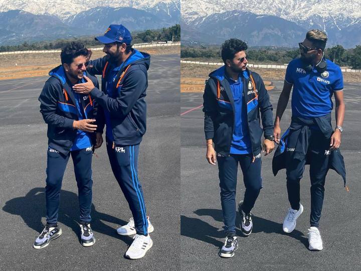 भारत और श्रीलंका के बीच टी20 सीरीज का आखिरी मैच धर्मशाला में खेला गया. इसमें श्रीलंका को 6 विकेट से हार का सामना करना पड़ा. इस जीत के साथ टीम इंडिया ने सीरीज 3-0 से जीत ली. इसके बाद अब दोनों टीमों के बीच 4 मार्च से टेस्ट सीरीज खेली जाएगी. धर्मशाला से निकलने से पहले कुलदीप यादव, रोहित शर्मा और मोहम्मद सिराज समेत कई खिलाड़ियों ने फोटो शूट करवाया. (फोटो - ट्विटर)