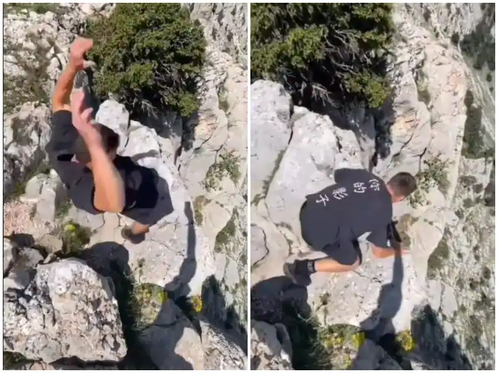 ਪਹਾੜੀ 'ਤੇ ਖਲ੍ਹੋ ਕੇ ਆਦਮੀ ਨੇ ਛਾਲ ਮਾਰ ਕੇ ਦਿਖਾਇਆ ਕਰਤਬ, ਛੋਟੀ ਜਿਹੀ ਗਲਤੀ ਨਾਲ ਜਾ ਸਕਦੀ ਸੀ ਜਾਨ