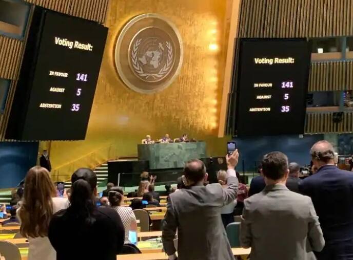 India abstains from voting against Russia at UNGA, 141 in favour, 5 against, 35 abstentions Russia-Ukraine War: UNGAમાં 141 દેશોએ રશિયાના વિરોધમાં કર્યું મતદાન, ભારતે મતદાનમાં ન લીધો ભાગ