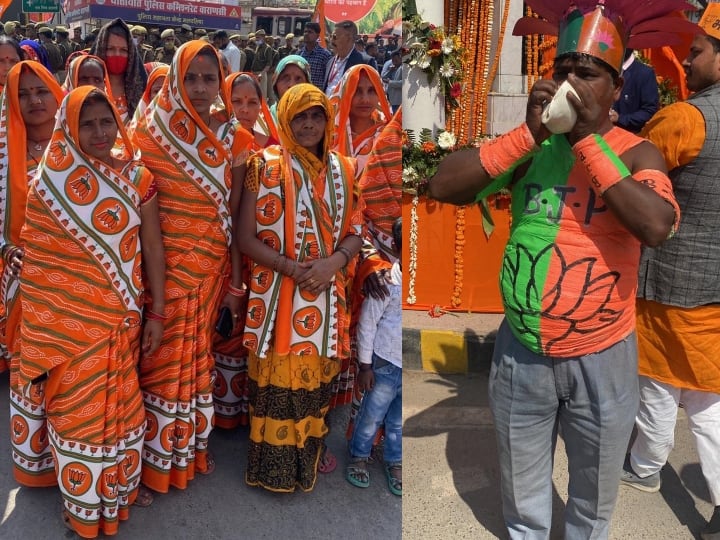 PM Narendra Modi roadshow in varanasi people dress up in the colours and symbols of BJP UP Election 2022: PM मोदी के रोड शो से पहले वाराणसी में दिखा अलग नजारा, 'BJP के रंग' में रंगे लोग