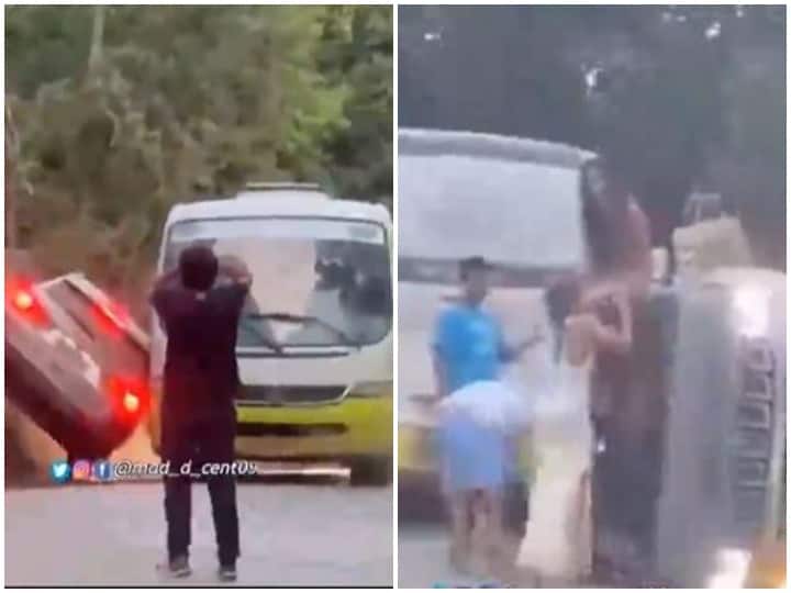 Punishment for forcibly taking car in front of bus, vehicle overturned after diving बस के आगे स्टंट दिखाना कार सवार को पड़ा भारी, गोते खाकर पलटी गाड़ी