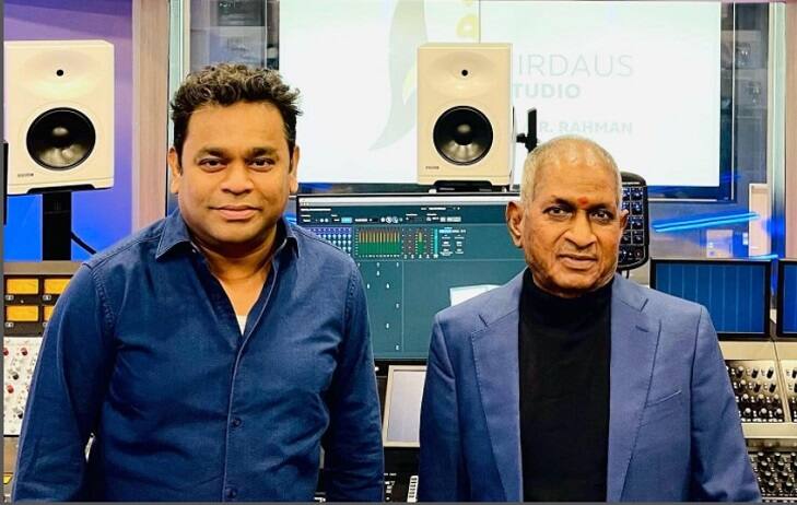 Music composers AR Rahman and Ilaiyaraaja meet in dubai ARR meet Ilaiyaraaja:  இசைப்புயலின் ஸ்டுடியோவில் இசை ஞானி...! அப்டேட் கொடுத்த ஏ.ஆர்.ரஹ்மான்! குஷியில் ரசிகர்கள்!