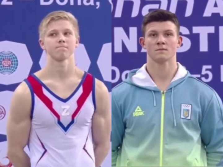 Russian gymnast Ivan Kuliak wears ‘Z’ war symbol on artistic gymnastic world cup medal podium next to Ukrainian athlete Illia Kovtun Russia - Ukraine crisis:  ‘Z' முத்திரை பதிந்த டி-சர்ட்... விளையாட்டிலும் வலுக்கும் போர்! முகத்தை திருப்பி கொண்ட ரஷ்ய வீரர்