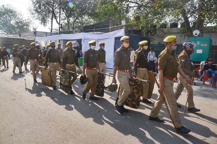 Security arrangements during counting day of Uttar Pradesh Assembly elections, outside a counting centre in Varanasi district. (Photo: PTI)