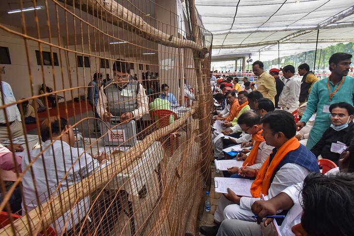 Election staff during counting day of Uttar Pradesh Assembly elections, at a counting centre in Gorakhpur district. Bharatiya Janata Party (BJP) seems to be forming government in Uttar Pradesh as counting trends give the party a huge lead. (Photo: PTI)