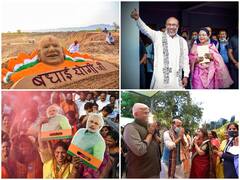 PICS | Holi Arrives Early For BJP As Workers Celebrate Party's Impressive Poll Show