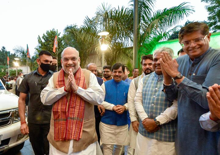 Union Home Minister and senior BJP leader Amit Shah arrives at the BJP Headquarters following the partys win in Assembly elections of Uttar Pradesh and others states, in New Delhi, Thursday, March 10, 2022. (Source: PTI)