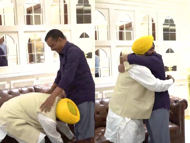 AAP CM candidate of Punjab Bhagwant Mann meets party convener Arvind Kejriwal and party leader Manish Sisodia Punjab Election Result: पंजाब के अगले सीएम भगवंत मान ने छुए केजरीवाल के पैर, दिल्ली के सीएम ने लगा लिया गले, देखें वीडियो