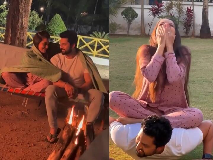 Monalisa cute romantic video with hubby vikrant going viral on internet पति के ऊपर बैठ कर उनसे कसरत कराती दिखीं मोनालिसा, पावर कपल ने सेट किए कपल गोल्स