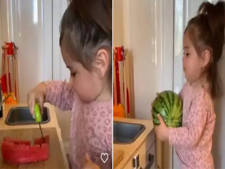 little girl watermelon cutting video goes on viral Watch Video : குட்டி கிச்சனில் தர்பூசணியை வெட்டும் குட்டி க்யூட் குழந்தை.. வைரல் வீடியோ