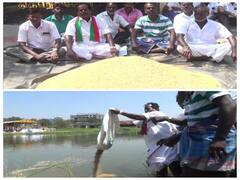தாமிரபரணியில் நெல்லை கொட்டி விவசாயிகள் போராட்டம் - கொள்முதல் நிலையத்தை திறக்க கோரிக்கை