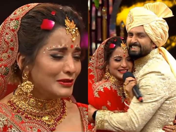 Monalisa with husband vikrant in smart jodi show bhojpuri actress gets emotional in front of camera भोजपुरी स्टाइल में पति विक्रांत ने किया इजहार-ए-इश्क, कैमरा के सामने फूट-फूट कर रोने लगीं एक्ट्रेस मोनालिसा