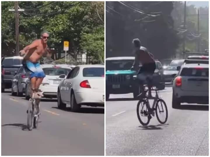 Old man did a dangerous stunt on a bicycle video will surprise उम्रदराज शख्स ने साइकिल के ऊपर चढ़ किया खतरनाक स्टंट, हैरत में डाल देगा वीडियो
