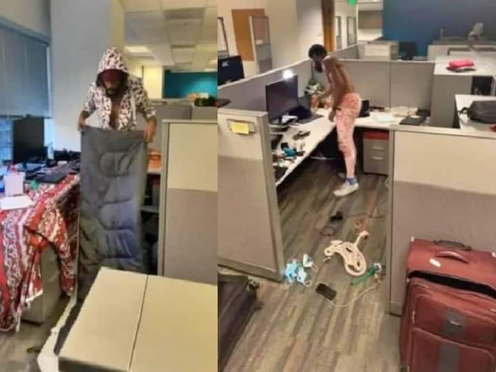 trending news US office worker goes viral after moving into his cubicle to protest against low salary कमी पगारात घरभाडेही निघत नाही, म्हणून ऑफिसलाच केलं घर