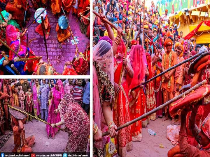 Holi 2022: Lathmar Holi celebrations in Barsana and Nandgaon Holi 2022: హోలీ రోజు మగాళ్లని చితక్కొట్టేయడమే అక్కడి వేడుక