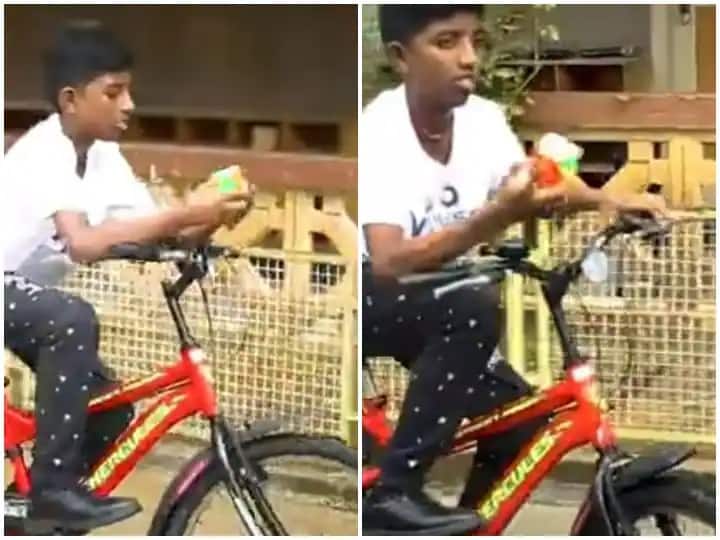 Boy solved rubik cube in a few seconds while riding a bicycle sets guinness world records સાયકલ ચલાવતાં આ છોકરાએ સેકન્ડોમાં સોલ્વ કરી રુબિક ક્યુબ પઝલ, ગિનીસ બુકમાં નામ નોંધાયું, જુઓ વીડિયો