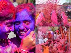 Mathura Holi Photos: कान्हा की नगरी की भव्य होली, कभी लठमार तो कभी फूलों की बारिश, देखें उत्सव की शानदार तस्वीरें