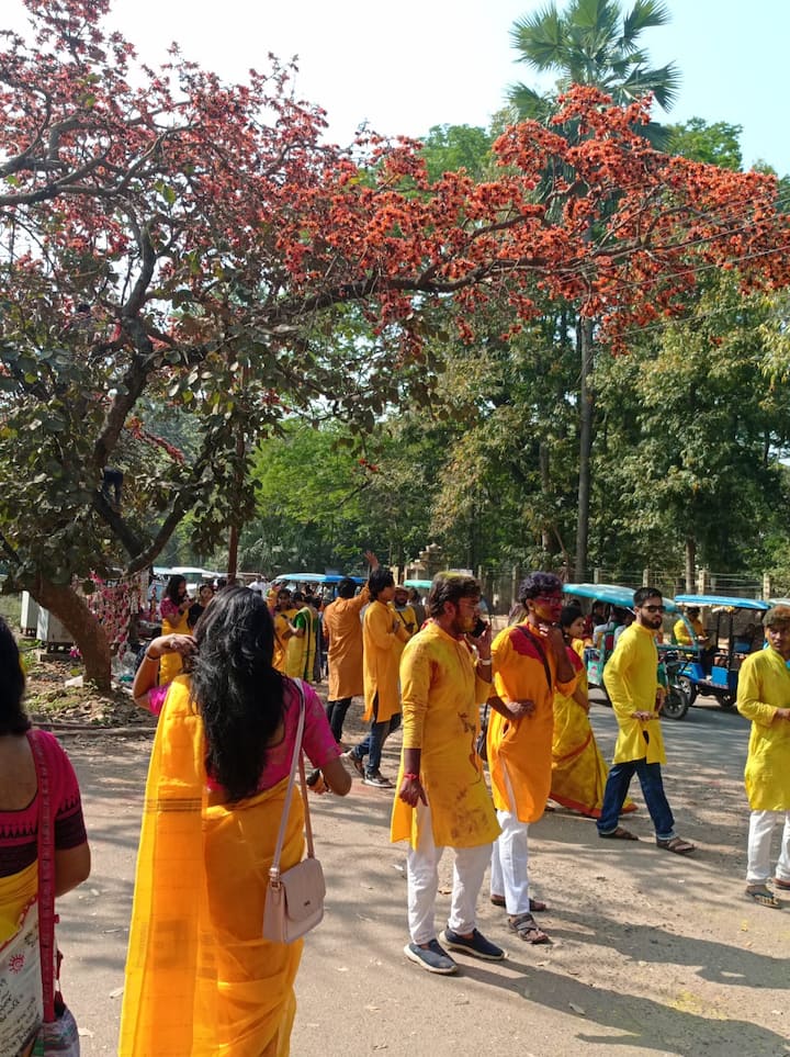 দোল উপলক্ষে শান্তিনিকেতনে পর্যটকদের ভিড়। আশ্রম চত্বরে বাইরেও চলছে রং খেলা।
