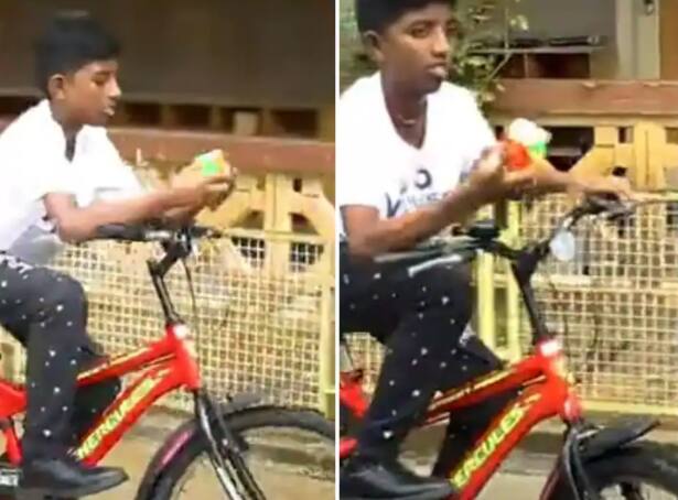 viral video solved rubik cube in few seconds while riding bicycle sets guinness world records Viral Video : सायकल चालवत मुलानं काही सेकंदात सोडवलं रुबिक्स क्यूब, गिनीज वर्ल्ड रेकॉर्डमध्ये नोंद