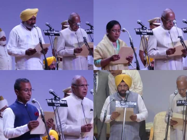 Bhagwant Mann Cabinet Punjab Chandigarh AAP leaders Harpal Singh Cheema, Dr Baljit Kaur, Harbhajan Singh ETO, Dr Vijay Singla take oath Bhagwant Mann Cabinet: सीएम भगवंत मान की कैबिनेट में 10 मंत्रियों ने ली शपथ, अभी विभागों के बंटवारे का इंतजार