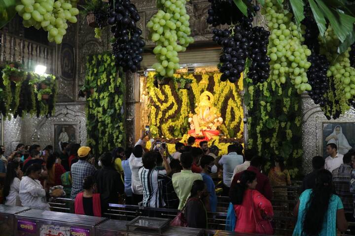 काळ्या आणि पिवळ्या द्राक्षांनी मंदिरातील गाभारा आणि सभामंडप सजला होता.