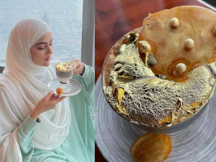 sana khan shares photo from burj khalifa enjoying 24 carat gold plated tea in  Dubai Sana Khan :  दुबई भ्रमंतीत सना खानने घेतला 24 कॅरेट चहाचा आस्वाद! बुर्ज खलीफाच्या 'या' चहाची किंमत ऐकलीत?