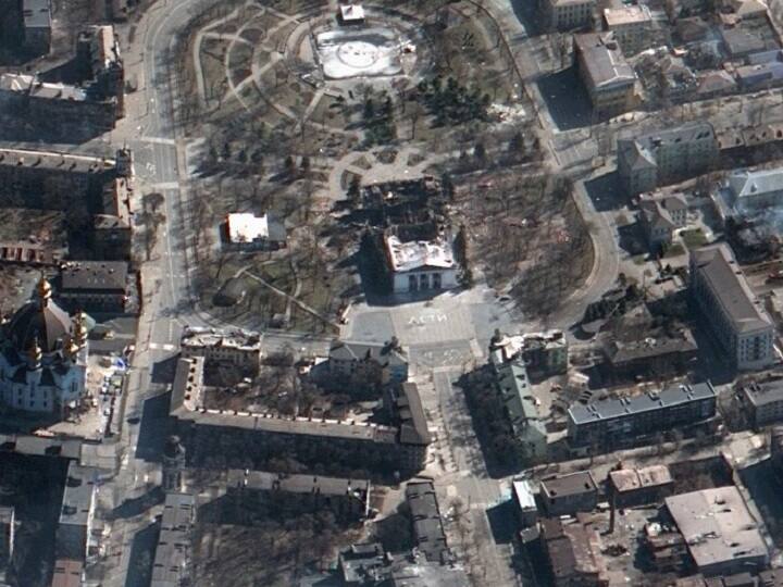 Two days ago, the Russian forces dropped a bomb on a theatre in Mariupol leading to many civilian casualties. The satellite image shows the aftermath of the airstrike on the Mariupol Drama Theater, in Mariupol southern Ukraine. (Photo: AFP)