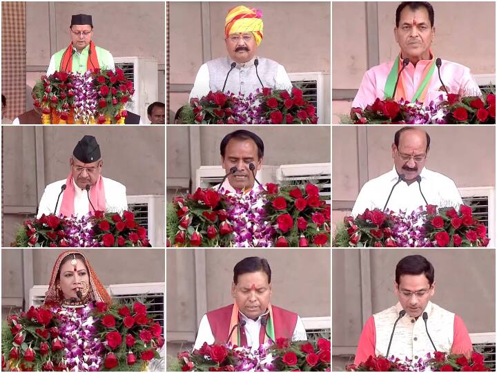 uttarakhand oath ceremony 2022 Pushkar Singh Dhami and his cabinet took oath in Uttarakhand Uttarakhand Oath Ceremony: पुष्कर सिंह धामी ने ली मुख्यमंत्री पद की शपथ, ये नेता बने कैबिनेट मंत्री, पढ़ें पूरी लिस्ट