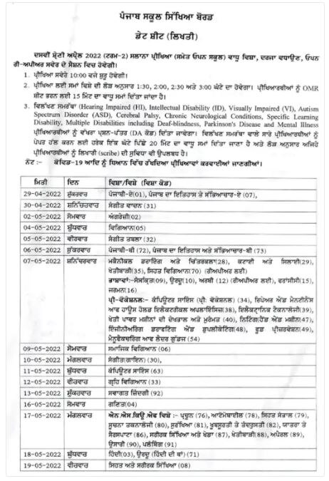 PSEB ਨੇ 10ਵੀਂ ਤੇ 12ਵੀਂ ਦੀ ਡੇਟਸ਼ੀਟ ਕੀਤੀ ਜਾਰੀ, OMR ਸੀਟ ਭਰਨ ਲਈ ਵਾਧੂ 15 ਮਿੰਟ ਮਿਲਣਗੇ