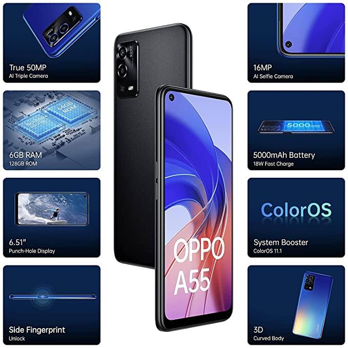Oppo A55: इस स्मार्टफोन में 4 जीबी तक की रैम के साथ 64 जीबी की इंटरनल मैमोरी दी गई है, इसमें ट्रिपल रियर कैमरा सेटअप दिया गया है. इसमें प्राइमरी कैमरा 50 मेगापिक्सल का है. इसमें पावर बैकअप के लिए 5000mAh की बैटरी दी गई है. अमेजन पर इसकी कीमत 14990 रुपये है.