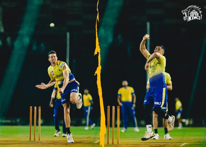 MS Dhoni tries his luck at bowling in the nets before the IPL opener | Image: CSK