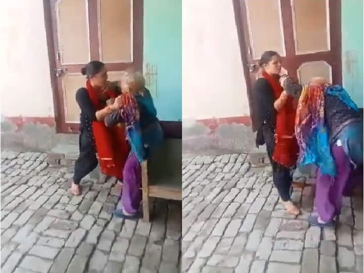 Viral Video  Woman physically assaults her mother-in-law for eating extra roti Viral Video : सुनेची सासूला बेदम मारहाण, एक रोटी जास्त खाल्ल्याचा राग