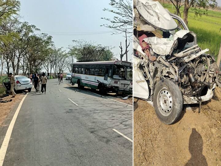 Kamareddy Accident: పేలిన ఆర్టీసీ బస్సు టైరు, కారును ఢీ - ఐదుగురు అక్కడికక్కడే మృతి TSRTC Bus - Car colloids In Kamareddy district machareddy, Five people dies Kamareddy Accident: పేలిన ఆర్టీసీ బస్సు టైరు, కారును ఢీ - ఐదుగురు అక్కడికక్కడే మృతి