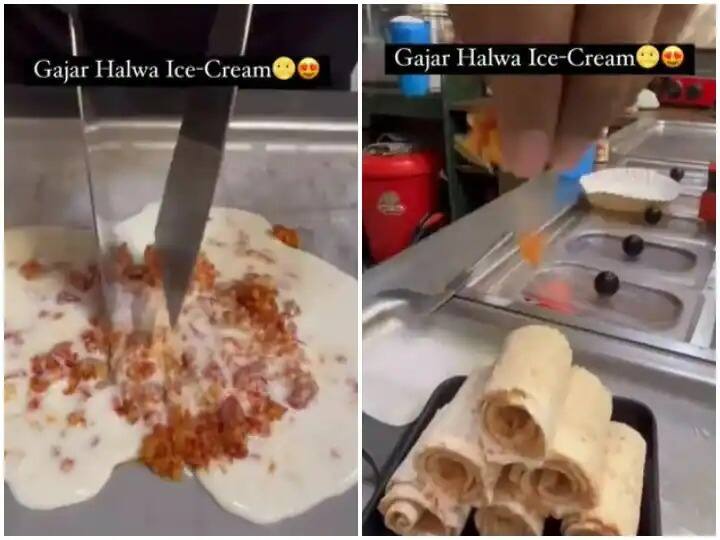 street-food-vendor-experimented-with-gajar-ka-halwa-and-made-ice-cream-rolls- Viral Video : आतापर्यंत तुम्ही गाजराचा हलवा खाल्ला आहे, पण गाजर हलव्याच्या आईस्क्रिम रोलची चव तुम्ही चाखलीय का? पाहा हा व्हिडीओ