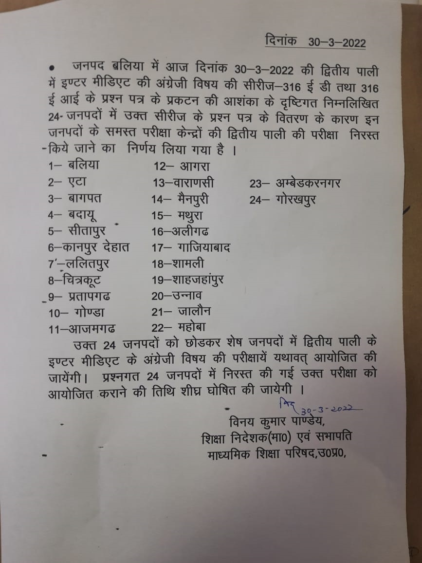 UP Board Paper Leak: इन 24 जिलों में रद्द हुई 12वीं क्लास की अंग्रेजी की परीक्षा, सरकार ने बताई यह वजह