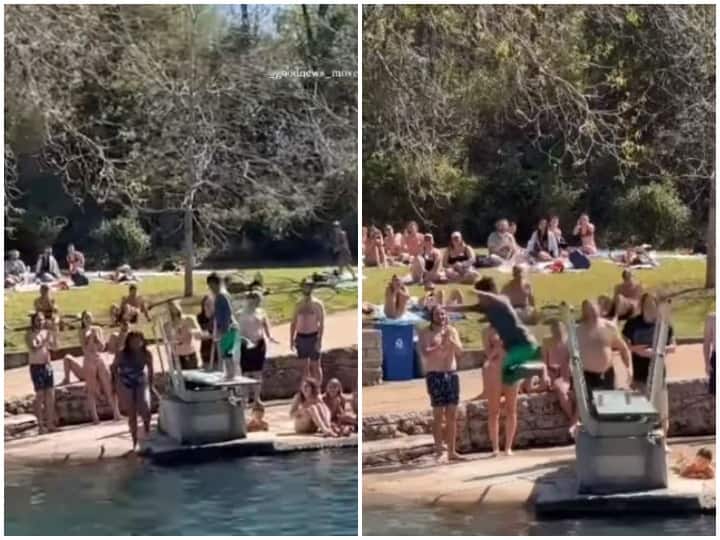Crowd was seen cheering the child trying to take a bath in the swimming pool  स्विमिंग पूल में नहाने की कोशिश कर रहे बच्चे को चियरअप करती दिखी भीड़, दिल जीत लेगा वीडियो 