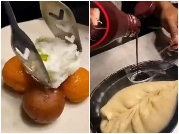 viral video street food vendor made mithai momo by using sweets Viral Video : मिठाईचा अतरंगी प्रयोग, स्ट्रीट फूड विक्रेत्याने बनवले चक्क 'स्वीट मोमो'? पाहा हा व्हिडीओ