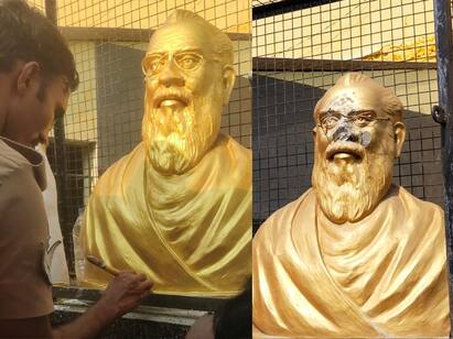 Periyar statue damaged by mysterious persons for the second time in Villupuram விழுப்புரத்தில் பெரியார் சிலை மர்ம நபர்களால் சேதம்.. சிலையை சீரமைத்த போலீசார்..