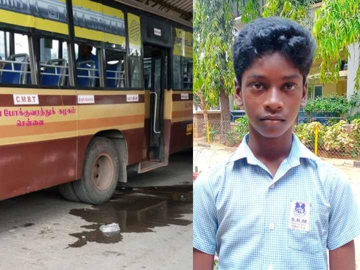 School student sarathy acted spontaneously to save a young girl's life who stuck under a government bus in Ambattur அம்பத்தூரில் அரசு பேருந்தின் கீழ் சிக்கிய மாணவியை காப்பாற்றிய சக மாணவன்... குவியும் பாராட்டு