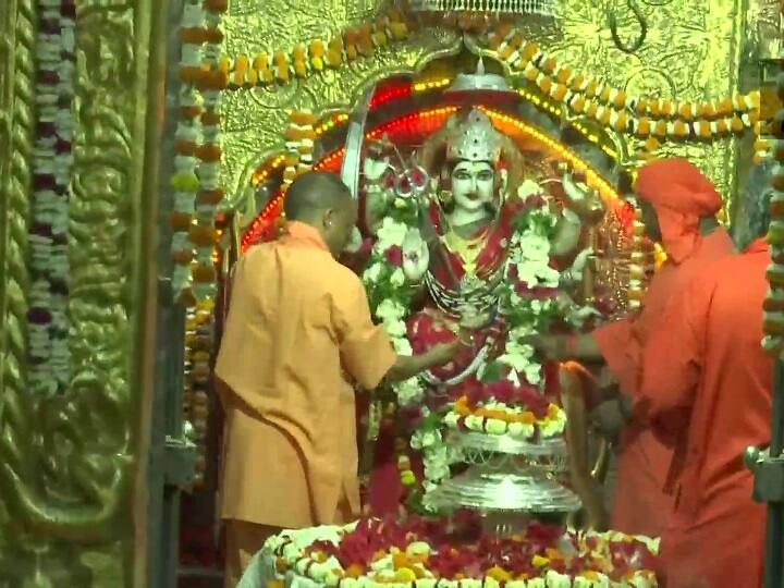 UP CM Yogi Adityanath offers prayers at Pateshwar Temple in Balrampur on the first da of Chaitra Navratri. (ANI Photo)