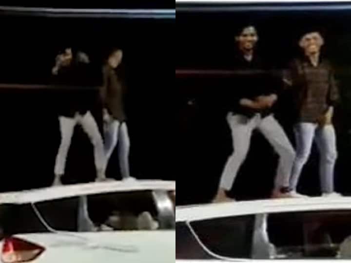 Ghaziabad Video of youths dancing on a car goes viral, police deducted 20 thousand rupees challan Ghaziabad Viral Video: एक्सप्रेसवे पर रोकी कार, नशे में धुत होकर करने लगे डांस, ट्रैफिक नियमों की धज्जियां उड़ाते युवकों का वीडियो वायरल