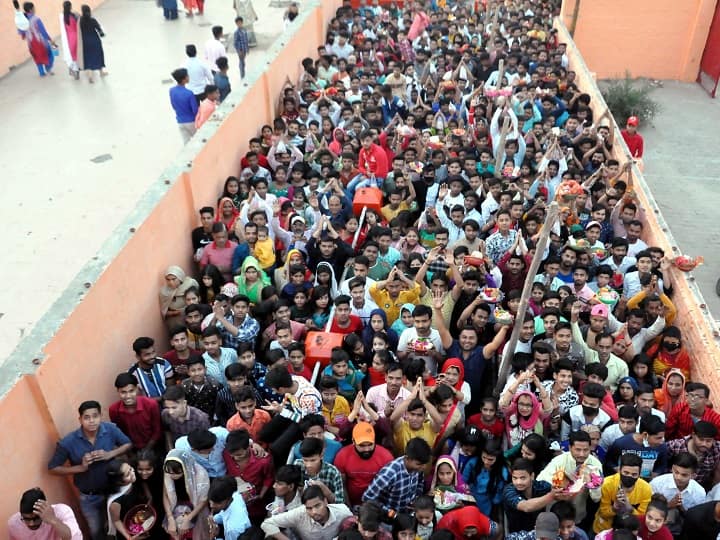 The morning of Chaitra Navratri's Day 1 witnessed devotees queuing up outside temples to worship Goddess Durga in Moradabad. (PTI Photo)