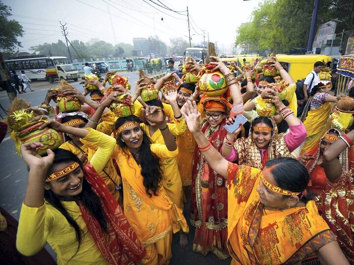 Devotees in Patna carry out a procession on the first day of Chaitra Navratri that kick starts the celebrations of the 9-day festival. (PTI Photo)
