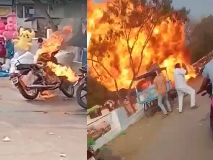 Motorbikem explodes near anantapur temple, no casualities இடையில் நிற்காத பயணம்... பூஜைக்கு வந்த இடத்தில் வெடித்த புது புல்லட்...!  அதிரவைக்கும் அதிர்ச்சி வீடியோ