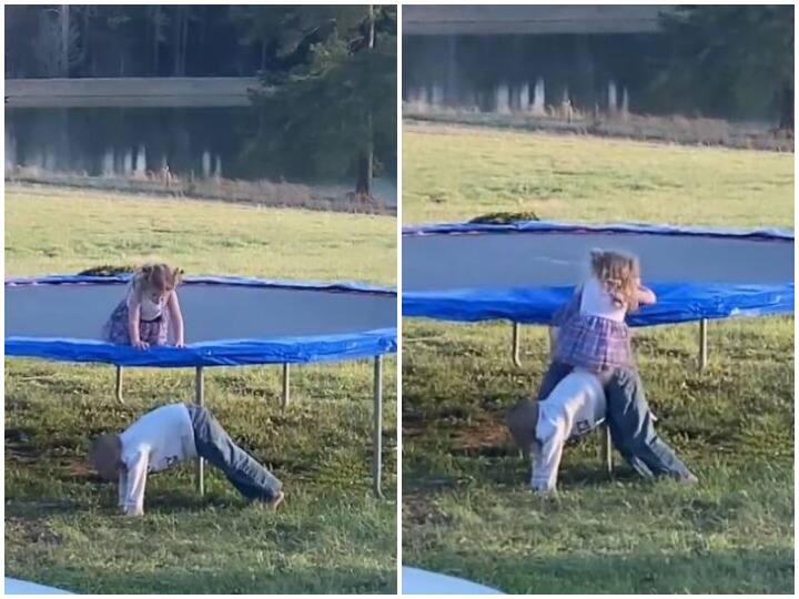 Brother bowed before sister to help her get off the trampoline ट्रैम्पोलिन से उतरने में मदद करने के लिए बहन के आगे झुका भाई, दिल जीत लेगा वीडियो