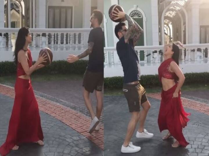 Actress Sunny Leone playing basketball with husband viral video Watch Video: புடவையில் கணவருடன் துள்ளி துள்ளி விளையாடும் சன்னி லியோன் - வைரலாகும் வீடியோ..!