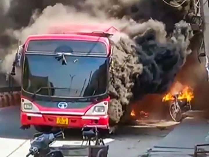 Watch Delhi DTC bus catches fire in Mahipalpur area no casualty reported